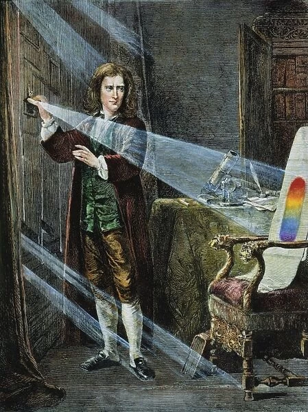 SIR ISaC NEWTON (1642-1727). English physicist and mathematician. Newton dispersing sunlight through a prism. Colored engraving, 19th century