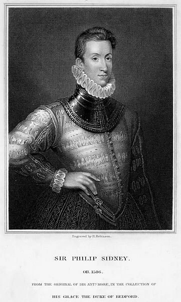 SIR PHILIP SIDNEY (1554-1586). English soldier, statesman, and poet. Steel engraving, 1829, after the painting by Sir Anthony More