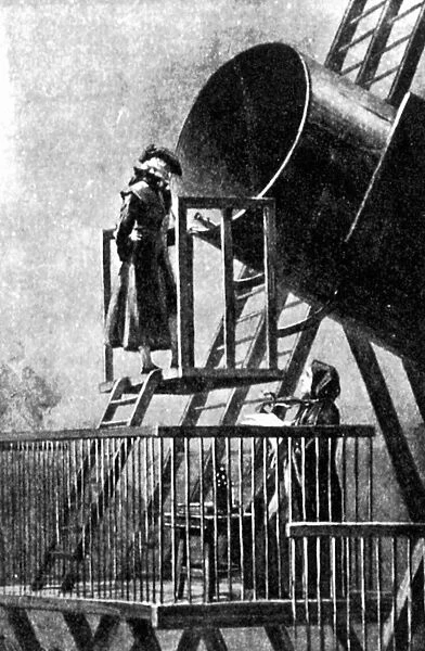 SIR WILLIAM HERSCHEL (1738-1822). English (German-born) astronomer. Herschel and his sister Caroline at his giant reflecting telescope, completed in 1789: engraving, 19th century