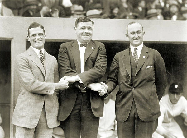 SISLER, RUTH & COBB, 1924. American professional baseball players George Sisler, Babe Ruth and Ty Cobb, photographed at the opening game of the World Series between the New York Giants and the Washington Senators, 4 October 1924
