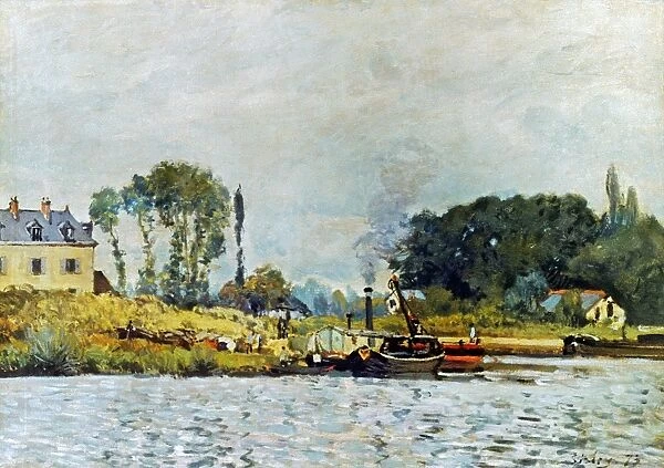 SISLEY: BOATS, 1873. Boats at the Lock of Bougival. Oil on canvas by Alfred Sisley