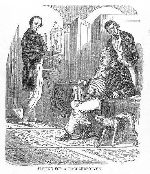 Sitting for a daguerreotype. Engraving from a contemporary English newspaper