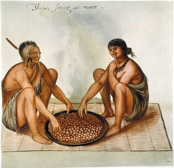 Their sitting at meate. Carolina Algonquian Native American man and woman eating. Watercolor, c1585, by John White