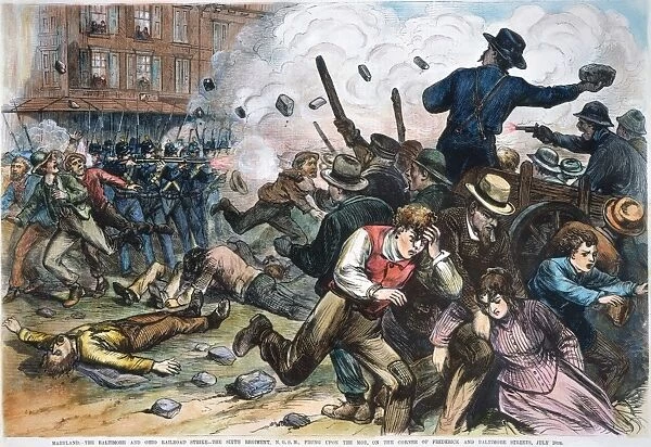 The Sixth Maryland militia firing into a hostile crowd and killing 12 in Baltimore on July 20 at the beginning of the Great Railroad Strike of 1877: contemporary engraving