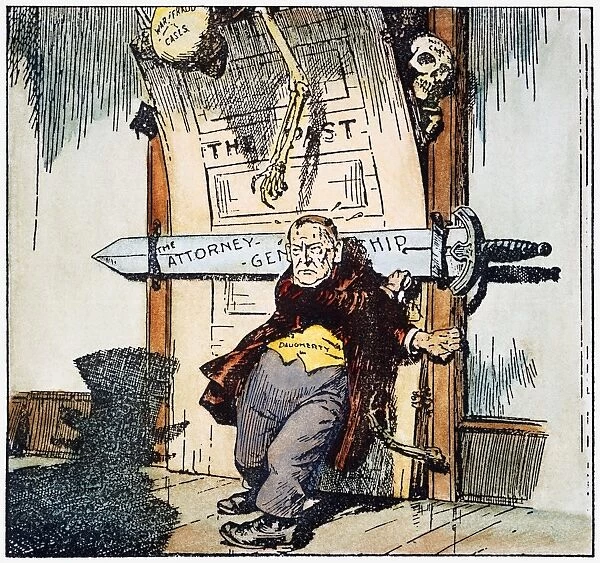 SKELETONS OF MALFEASANCE. American cartoon, c1924, showing U. S. Attorney General Harry Daugherty trying desperately to conceal the skeletons of malfeasance from the American people