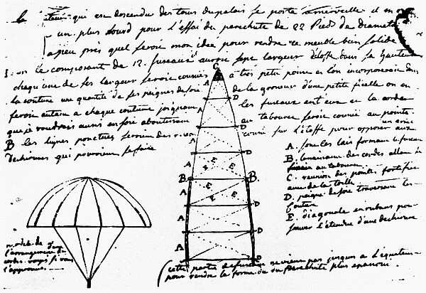 A sketch for a parachute, 1784, from a letter by the Marquis de Brantes to Joseph Montgolfier