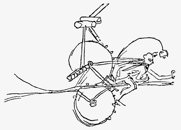 Sketch of a semi-prone ornithopter, showing gear train, and cog-pedal transmission. Drawing, c1485, by Leonardo da Vinci