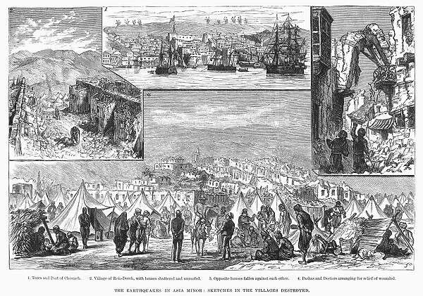 Sketches from towns and villages destroyed by an earthquake in Asia Minor, and a medical relief encampment for the wounded (bottom). Wood engraving from an English newspaper of 1883