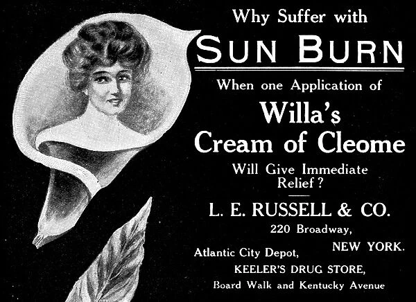SKIN CREAM AD, 1905. American magazine advertisement for Willas Cream of Cleome, 1905