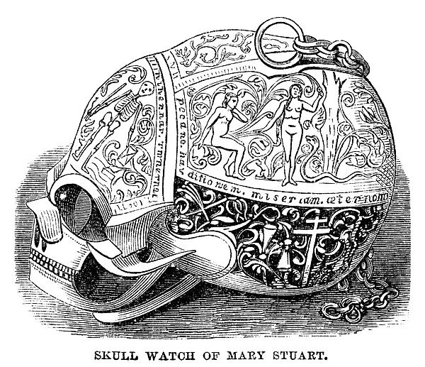 SKULL WATCH. Skull watch owned by Mary, Queen of Scots. Engraving, American, 1869