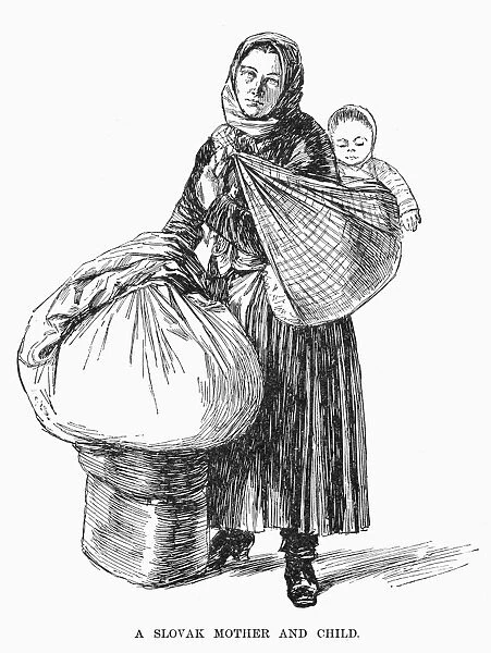 SLOVAK IMMIGRANT, 1892. A Slovak mother with her child at the first Ellis Island immigration building, New York. Wood engraving, American, 1892