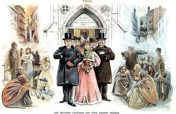 SLUM LANDLORDS, 1895. Our Religious Landlords and Their Rookery Tenants : American lithograph cartoon by C. Jay Taylor, 1895, contrasting the outward piety of New York Citys wealthy landlords with their indifference to the living conditions of their tenants in the slums