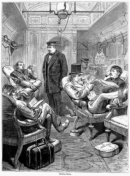 The smoking saloon in a Pullman parlor car on the Pennsylvania Railroad between New York and Philadelphia, Pennsylvania. Wood engraving from an American newspaper of 1876