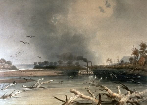 SNAGS ON THE MISSOURI, 1841. Lithograph after Karl Bodmer