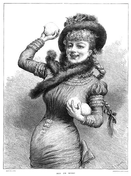 SNOWBALL FIGHT, 1881. Hit or Miss? A woman playing in a snowball fight. Engraving