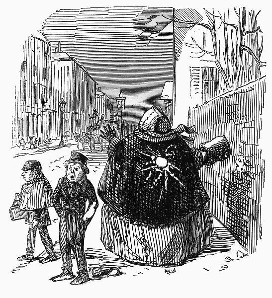 SNOWBALL SCENE, c1854. An obese woman hit in the back with a snowball on a London street. Wood engraving, English, c1854