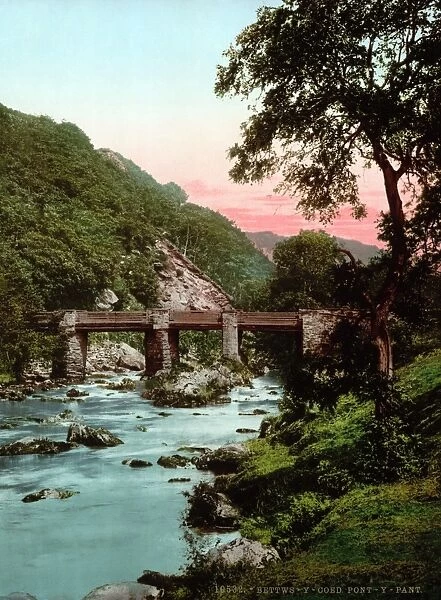 SNOWDONIA NATIONAL PARK. View of Pont-y-Pair, Fairy Glen, Betws-y-Coed (Prayer house in the wood) in a valley where the River Conwy is joined by the River Llugwy and the River Lledr in Snowdonia National Park, Wales. Photochrome print, c1890-1900