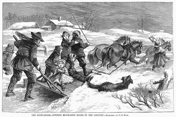 SNOWSTORM IN THE COUNTRY. Opening blockaded roads in the countryside after a snowstorm. Wood engraving, American, 1867