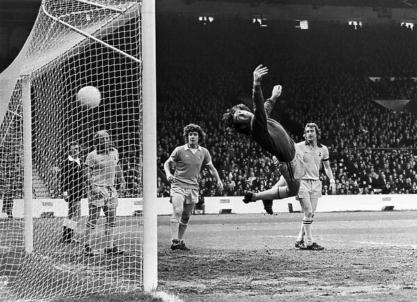 SOCCER MATCH, 1977. Soccer match between Tottenham Hotspur and Manchester City, in England, 7 May 1977. Pat Jennings of the Spurs is unable to stop a goal by Manchester