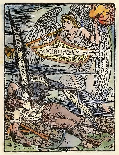 SOCIALIST ALLEGORY, 1885. The angel of socialism approaching to rescue labor