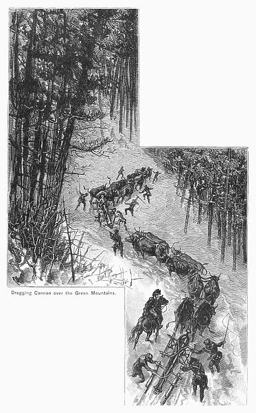 Soldiers under the command of Colonel Henry Knox hauling cannon through winter snows of the Green Mountains to the Continental Army besieging Boston, December 1775-January 1776. Line engraving, 19th century