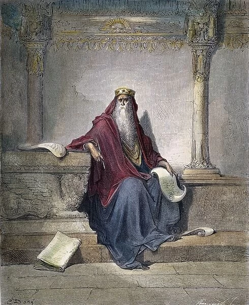 SOLOMON ASKING FOR WISDOM. Solomon asking God for the gift of wisdom (2 Chronicles 1: 10). Wood engraving, 19th century, after Gustave Dor