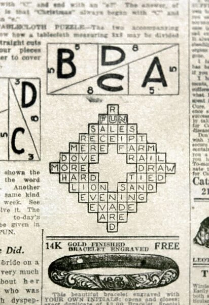 Solution to the first crossword puzzle, from the fun supplement of the Sunday edition of the New York World, 21 December 1913