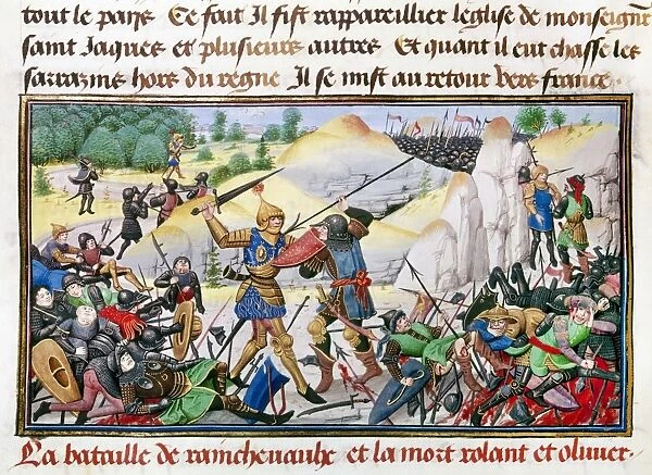 SONG OF ROLAND, 778 A. D. The death of Roland (in gold armor), the nephew of Charlemagne and the most celebrated of the emperors twelve paladins, at the Battle of Roncesvalles in the Pyrenees, 778 A. D. the basis of the epic Chanson de Roland. Flemish manuscript illumination, 1462