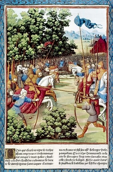 SONG OF ROLAND, 778 A. D. Roland, Charlemagnes nephew and the favorite of his twelve paladins, attacked with other Frankish forces (right) at Roncesvalles in the Pyrenees in 778 A. D. the basis of the epic Chanson de Roland. Illumination from an edition of the Grandes Chroniques de France, printed at Paris by Antoine Verard, 1493