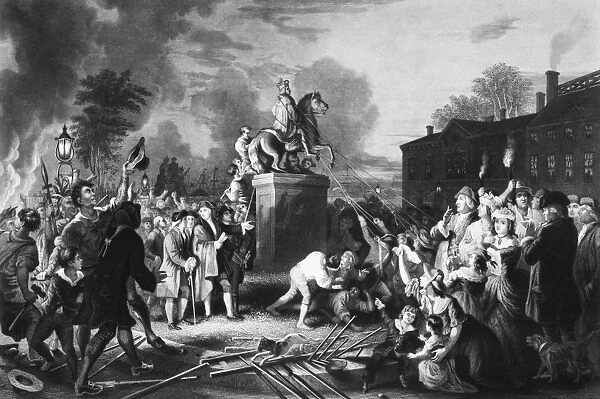Sons of Freedom pulling down the statue of King George III at Bowling Green, New York City, July 1776. Steel engraving, 1859, by John C. McRae after J. A. Oertel