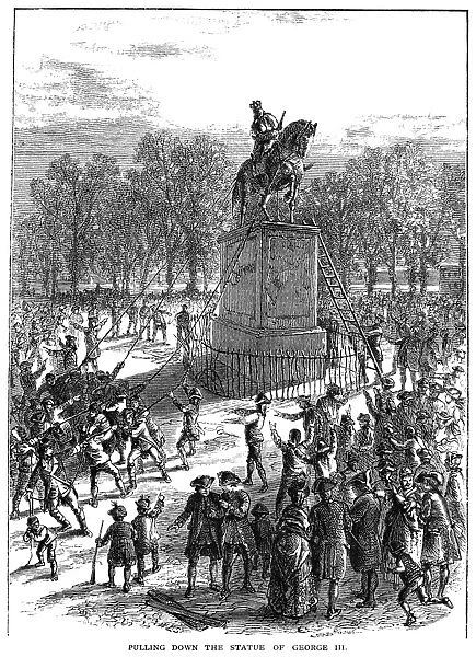 Sons of Liberty pulling down the statue of George III in New York after the reading of the Declaration of Independence. Wood engraving, 19th century