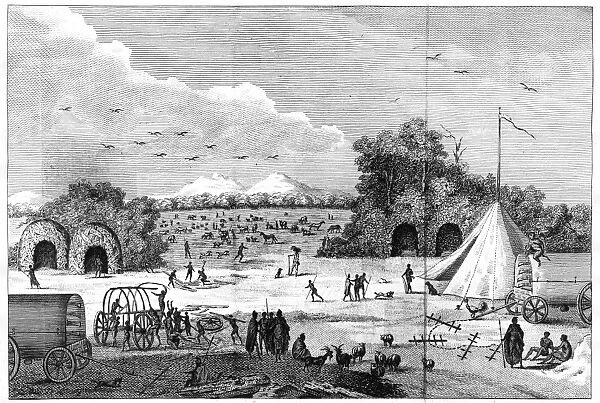 SOUTH AFRICA, c1780. Franzois Le Vaillants camp at Pampoen Kraal, South Africa. Engraving published in Voyage de M. Le Vaillant dans l Int