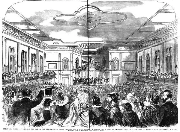 SOUTH CAROLINA: SECESSION. Mass meeting held at Institute Hall in Charleston, South Carolina, 12 November 1860, to endorse the call of the legislature for a state convention to discuss secession from the Union. Contemporary American wood engraving