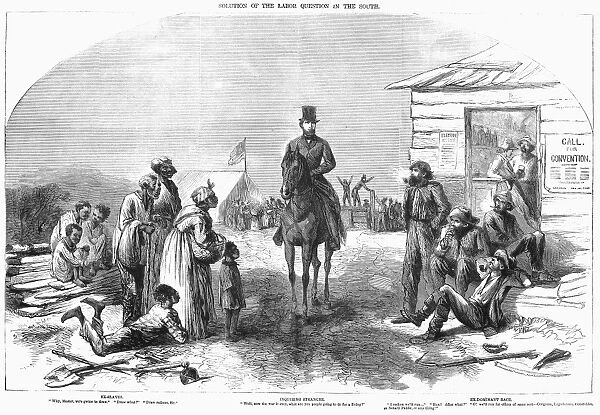 THE SOUTH AFTER CIVIL WAR. Solution of the Labor Question in the South. A stranger asks what southerners will do for a living. Satirical wood engraving from an American newspaper of December 1865