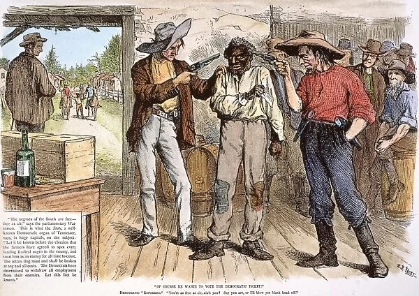 Southern Democrats forcing black voters to vote the Democratic ticket: cartoon published in an American newspaper just before the presidential election of 1876