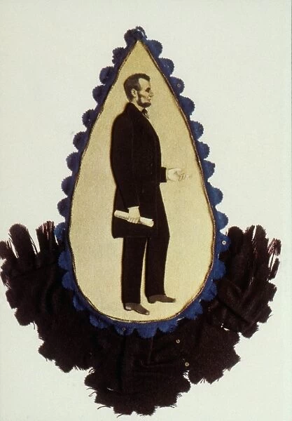 A souvenir teardrop of cloth, c1865, commemorating the slain President Lincoln