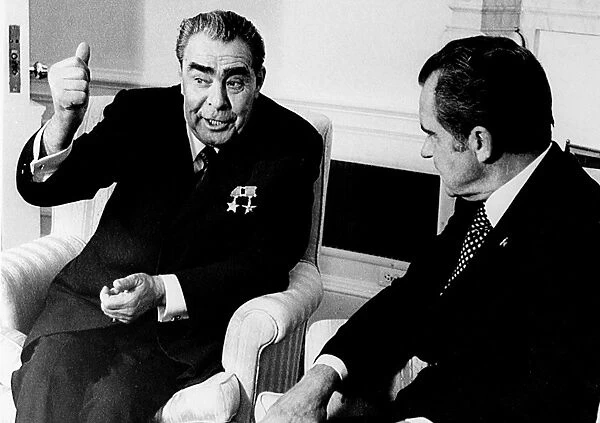 Soviet political leader. Brezhnev at a White House meeting with President Richard Nixon, 1973