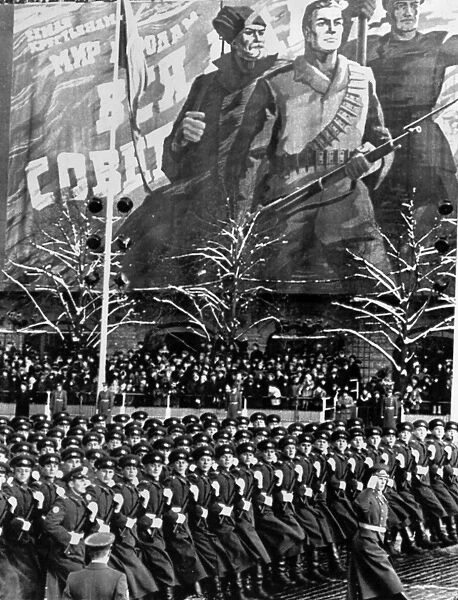 Soviet troops marching during a parade celebrating the 52nd anniversary of the October Revolution, in Moscow, 7 November 1969