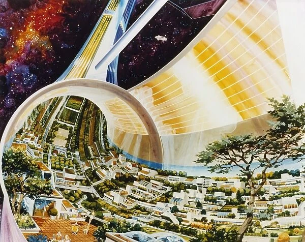 SPACE COLONY, 1975. Design for a space colony built from materials from the Moon and asteroid belt and assembled in space using solar power. Gravity would be produced by centrifugal force. Drawing, 1975