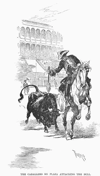 SPAIN: BULLFIGHTING, 1891. The caballero en plaza attacking the bull in Madrid, Spain