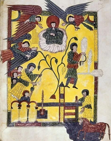 SPAIN: GRAPE HARVEST. Spanish Christians harvesting grapes with the help of angels as wine flows out of a press at bottom. Manuscript