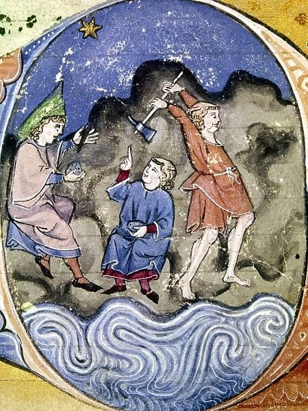 SPAIN: IRON MINING. Seated men hold magnets and indicate stars as the source for