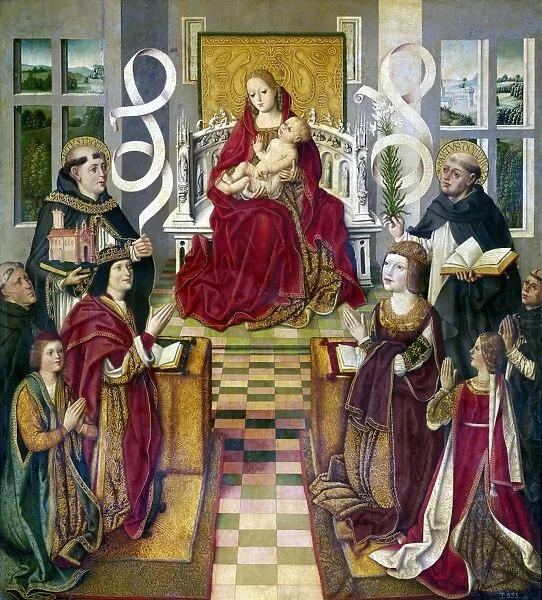 SPAIN: KING & QUEEN, 1490. The Madonna of Catholic Kings. At left, King Ferdinand of Spain kneels in front of the Virgin Mary with Saint Thomas Aquinas holding the church. Beside the king is the Infant Don Juan. Queen Isabella kneels at right with Saint Dominic, holding a lily and an open book. Oil on panel, Spanish c1490