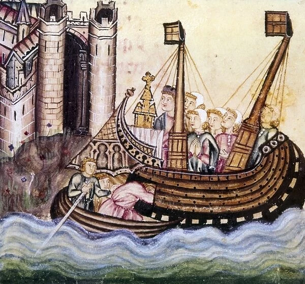 SPAIN: MEDIEVAL SHIP. Manuscript illumination, 13th century, from the Cantigas de Alfonso X