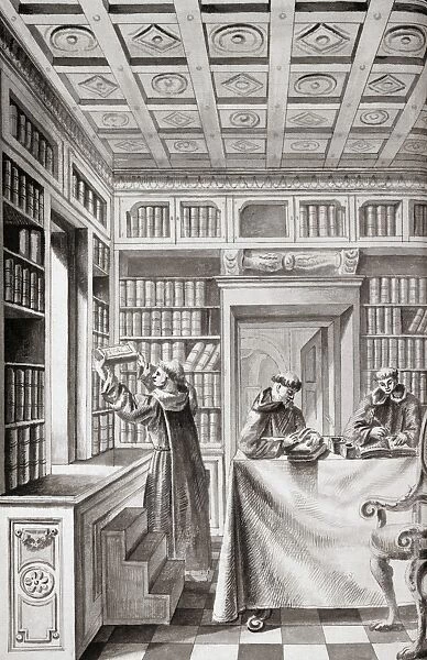 SPAIN: MONKS, 18TH CENTURY. Monks and books in a library