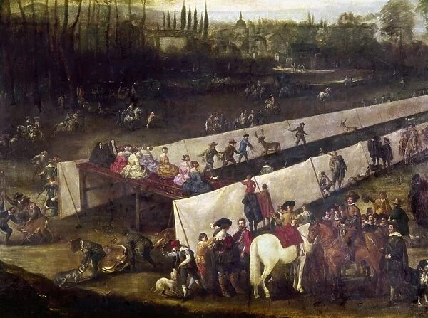 SPAIN: STAG HUNT, 1665. Men slaughtering deer in a makeshift runway, while women