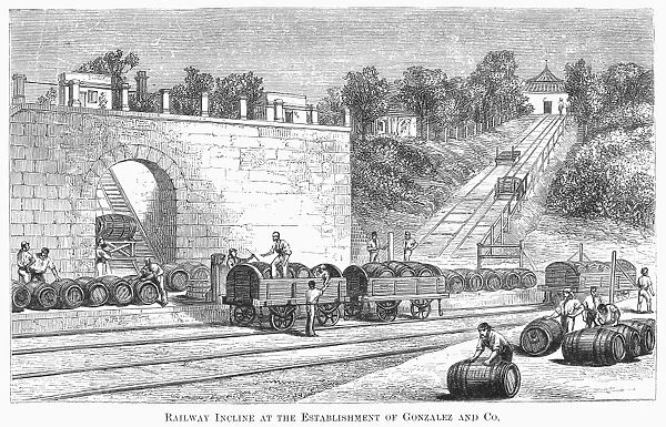 SPAIN: WINERY. Railway incline at the establishment of Gonzalez and Co. Winery in Jerez, Spain. 19th century engraving