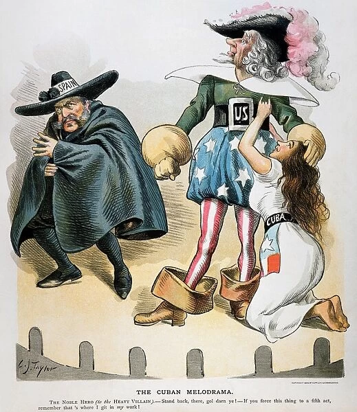 SPANISH-AMERICAN WAR, 1896. The Cuban Melodrama. American cartoon by C. Jay Taylor, 1896, casting Uncle Sam as the hero, Spain as the villain, and Cuba as the damsel in distress