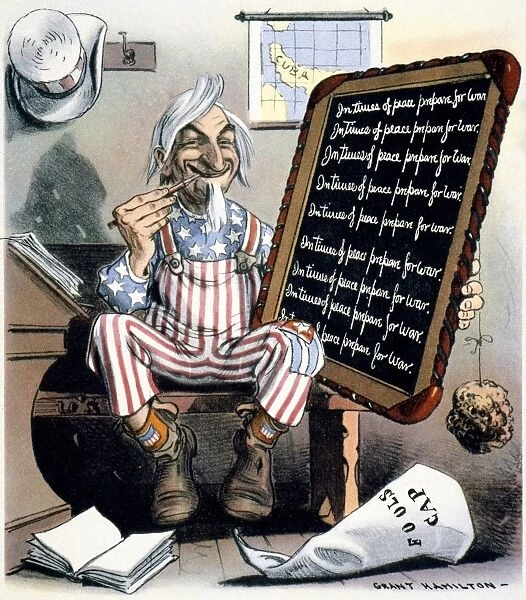 SPANISH-AMERICAN WAR, 1898. Uncle Sam shows what he has learnt from the war with Spain. American cartoon, 1898, by Grant Hamilton