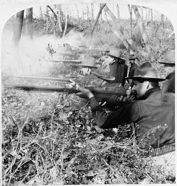 SPANISH-AMERICAN WAR, c1899. American soldiers shooting rifles in a trench during